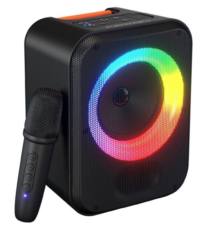Portronics 30W Apollo 30 Wireless Bluetooth Portable Speaker with Wireless Karaoke Mic, Echo Control, 5 Hour Playtime, RGB LED Light, Bluetooth V5.4, Easy Grab Handle, USB in, Type C Charging(Black)