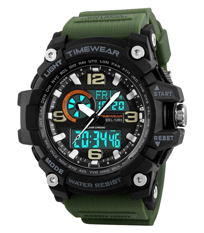 Sports Green Silicone Strap, Black Dial, Dualtime, Automatic Calendar, Alarm, Stopwatch, Analog-Digital Watch for Men