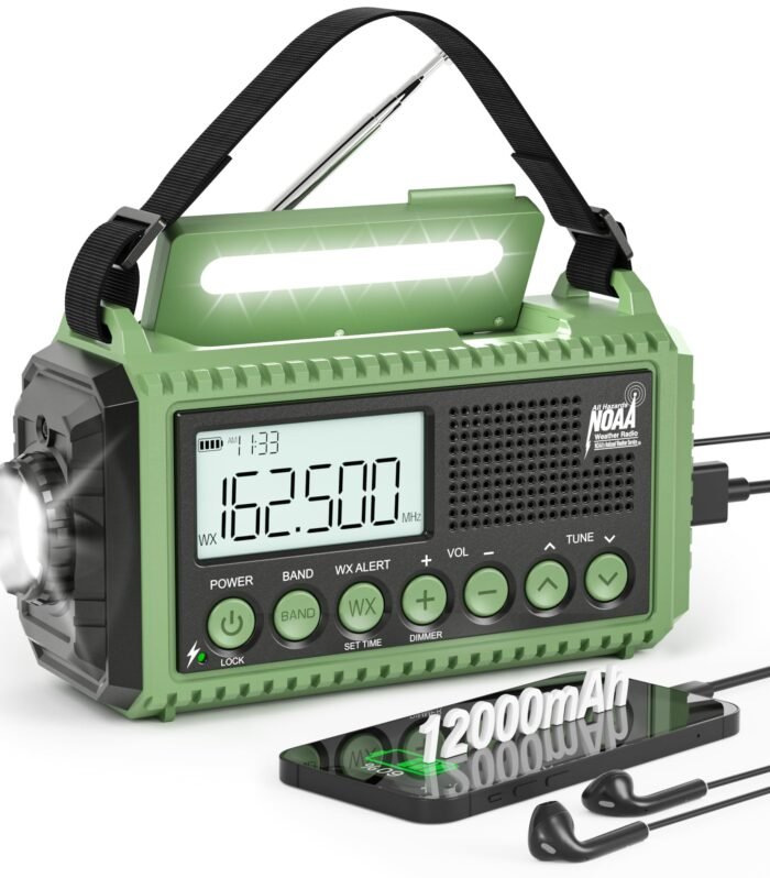 Emergency Radio 12000mAh Auto NOAA Weather Alert Radio -Portable Solar Hand Crank Battery Operated Radio, AM/FM Shortwave Radio with Type-c Charger,Flashlight, SOS for Home Outdoor Hurricane Survival